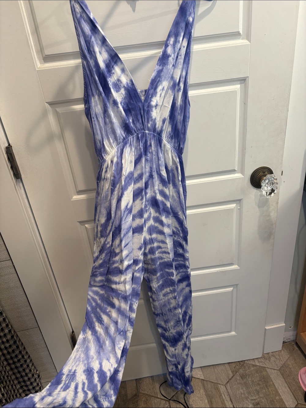Blue and White Tie-Dye V-Neck Jumpsuit